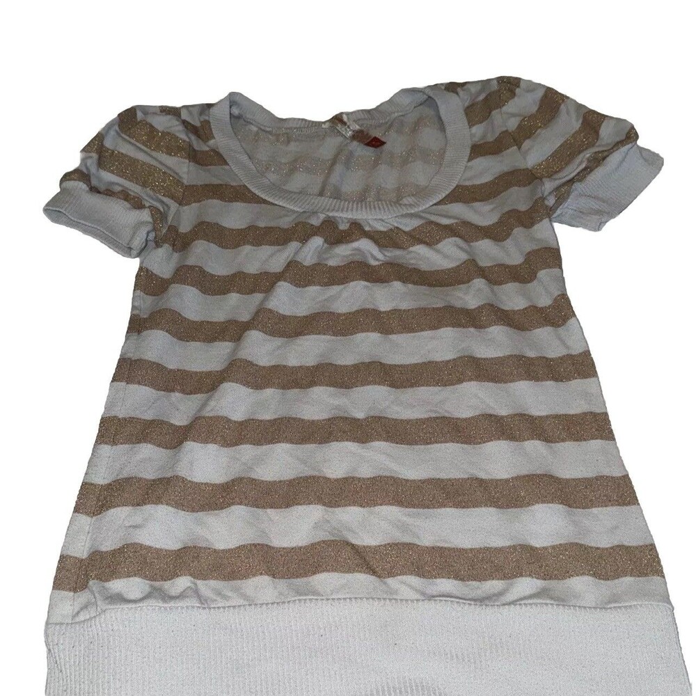 No Boundaries Medium 7/9 Short Sleeve Round Neck Striped White & Gold Blouse